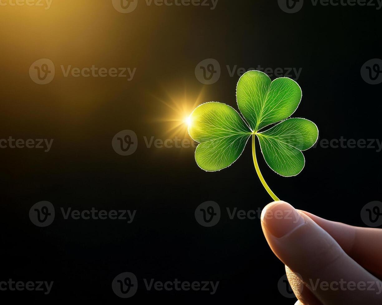 A person holding a four leaf clover with the sun shining through it photo