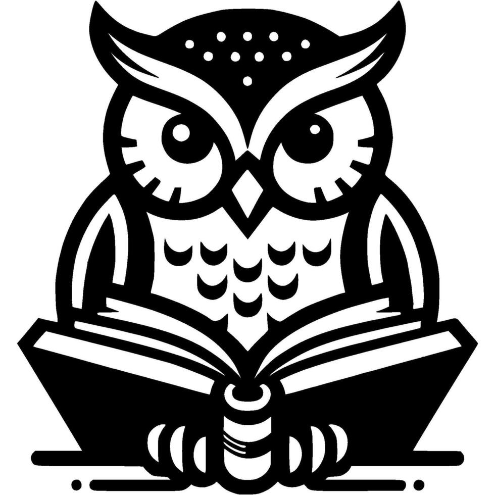 Tattoo of wise owl reading a book in monochrome. Engraving minimalistic image in black ink drawing on white background vector