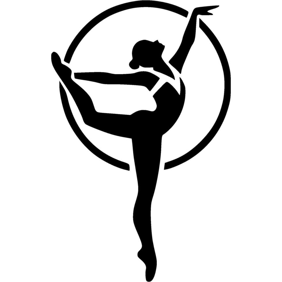 Sport emblem of girl gymnast performs split on one leg with gymnastic hoop ring in monochrome. Engraving minimalistic image in black ink drawing on white background vector