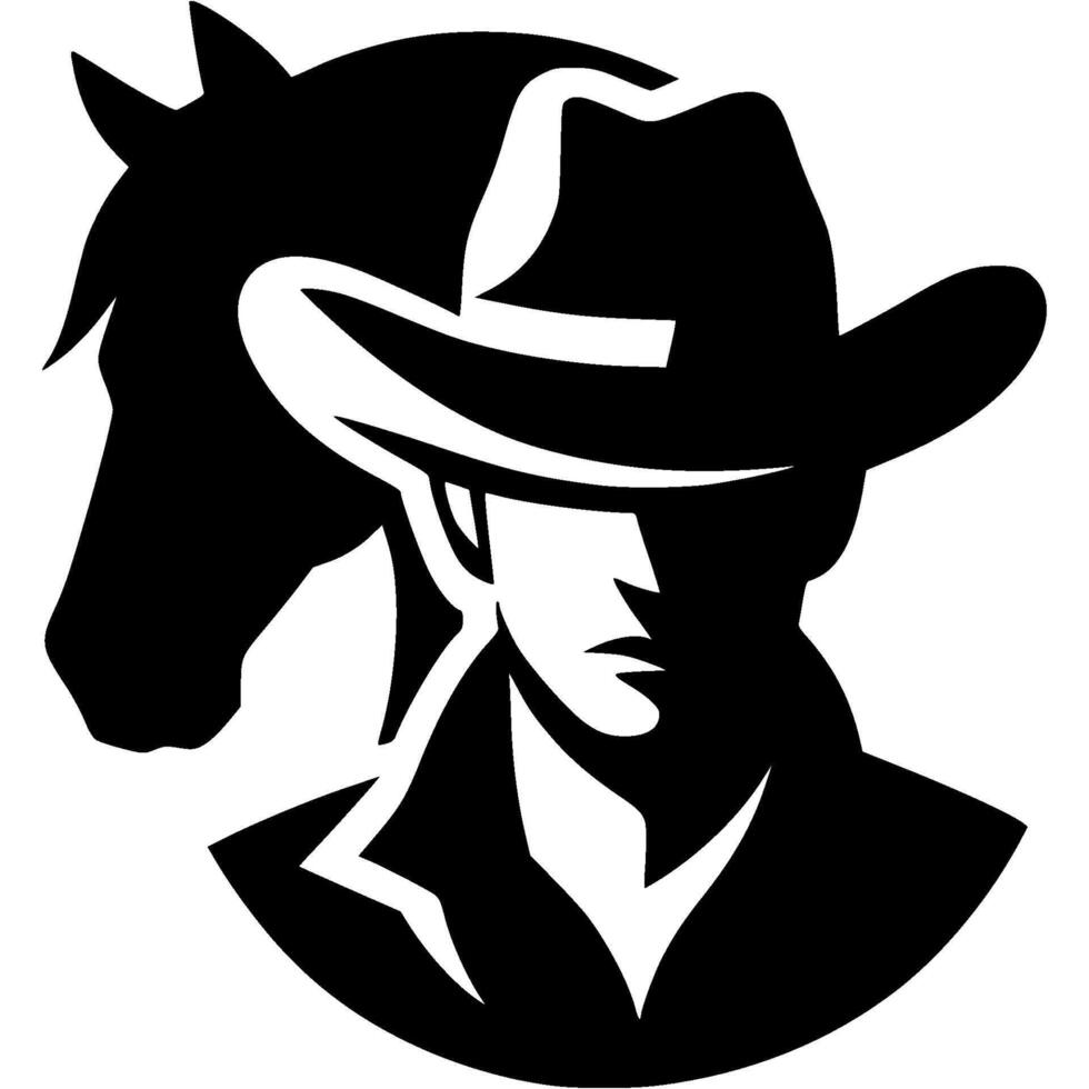 Tattoo emblem of cowboy in wide brim hat against background of mustang horse head in monochrome. Engraving minimalistic image in black ink drawing on white background vector