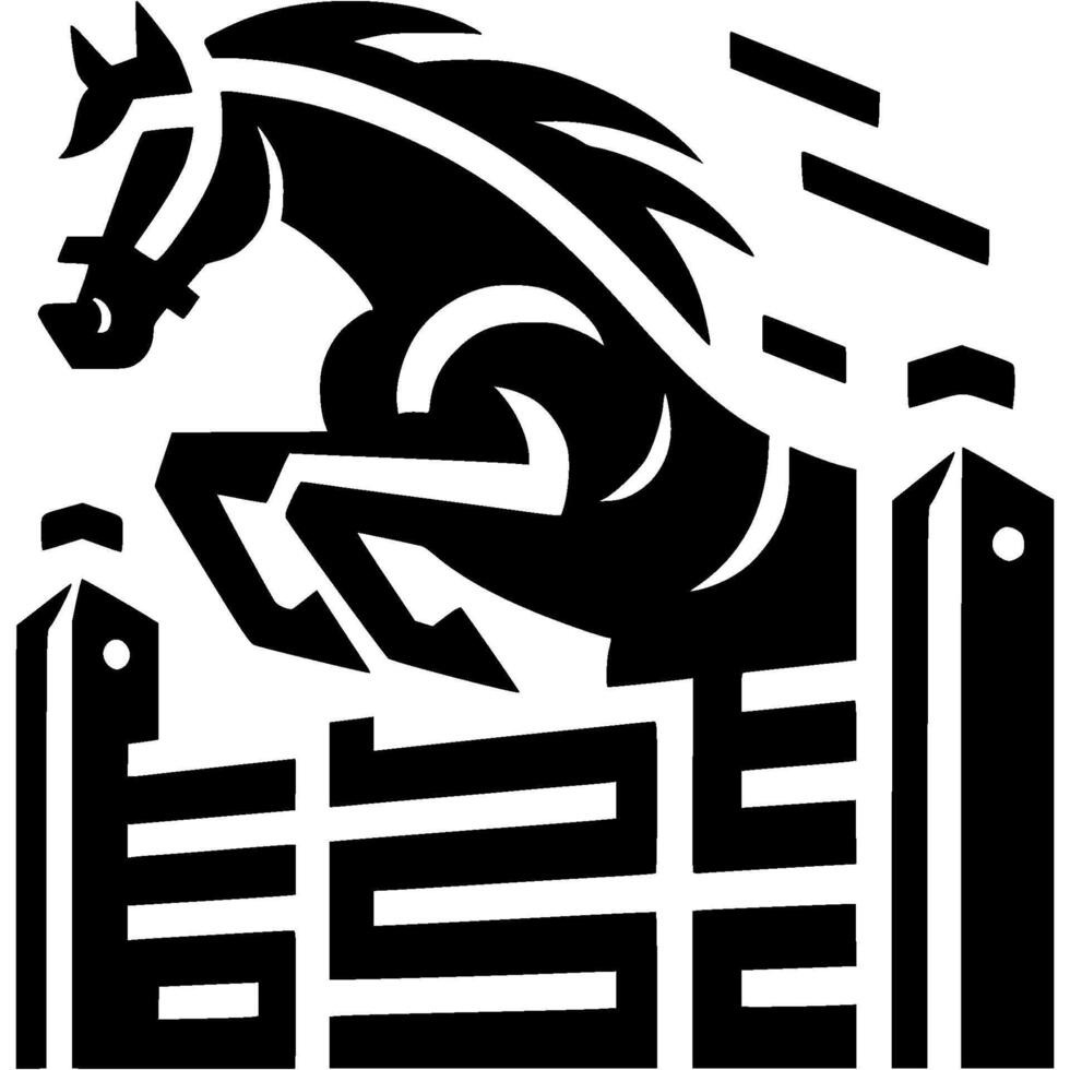 Tattoo emblem of young stallion jumps over fence barrier breaking free in monochrome. Engraving minimalistic image in black ink drawing on white background vector