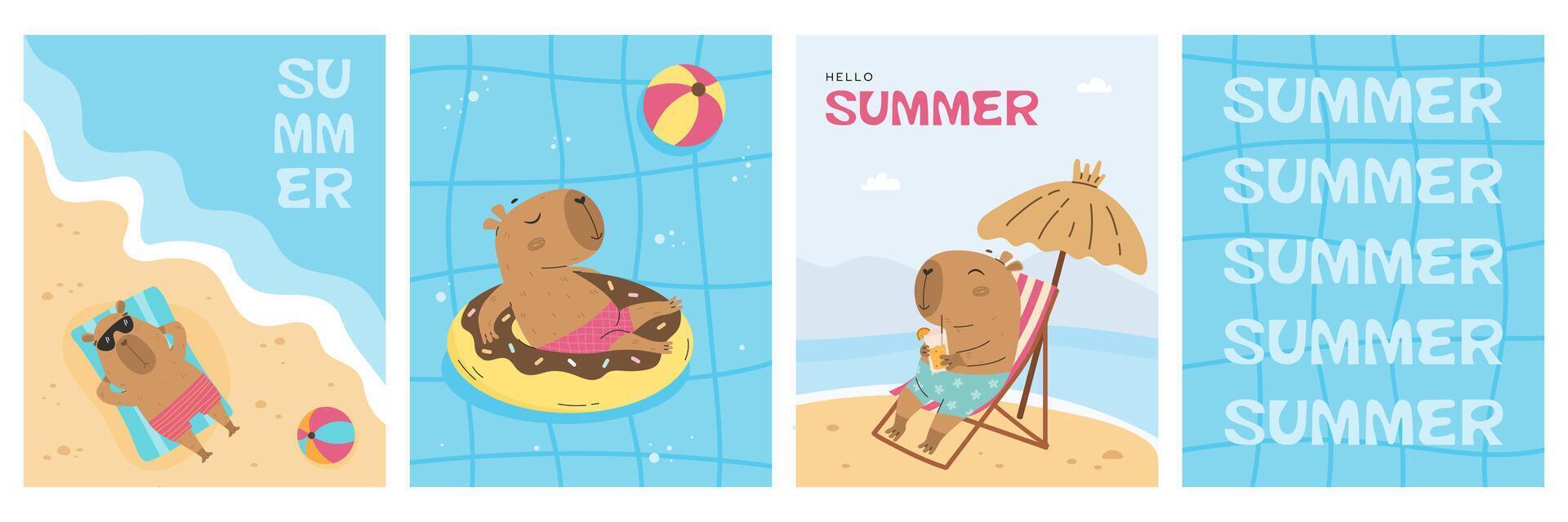 Summer posters set with funny capybara vector