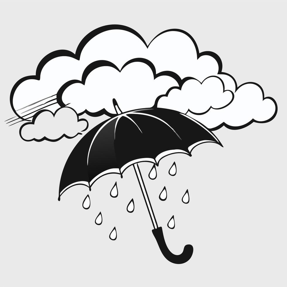 Simple line drawing Rainy day scene with open umbrella. vector