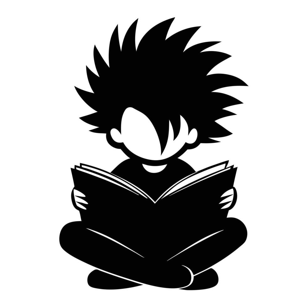 Child reading Black silhouette seated figure art. vector