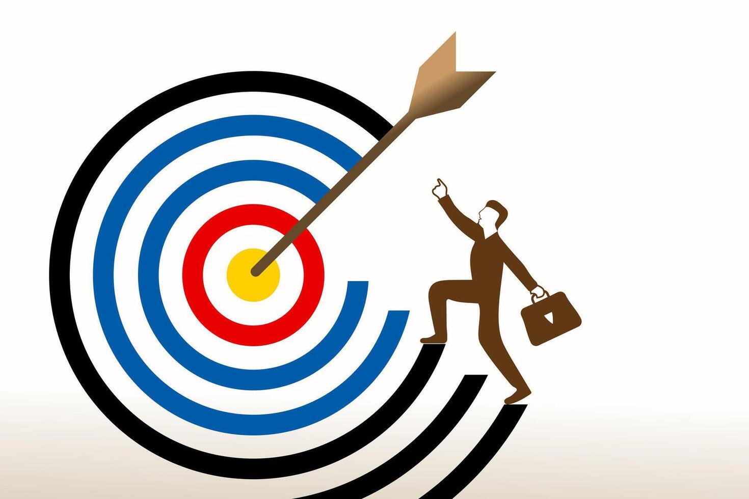 Business strategy plan for success, man aims and target toward the achieving goal, concept of a man wants to reach its goal, an arrow hitting target bow, businessman walking stairs stock illustration vector
