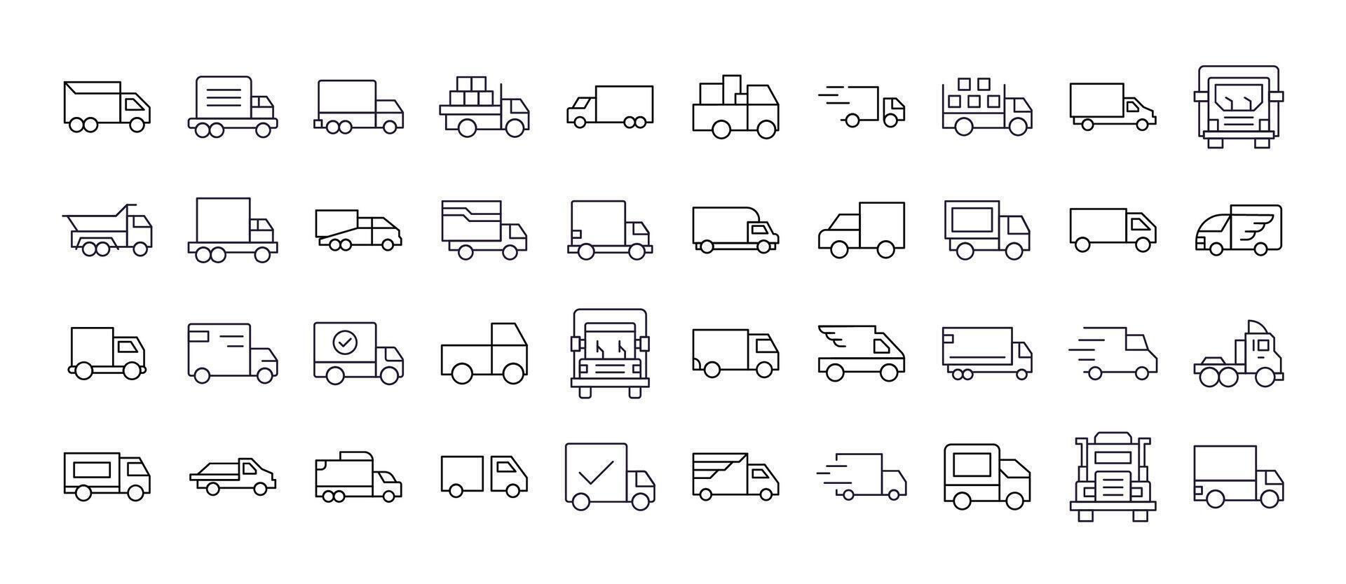 Collection of Van and Truck Related Line Icons. Outline Signs for Graphic and Web Design, Apps, Adverts, Various Cards vector