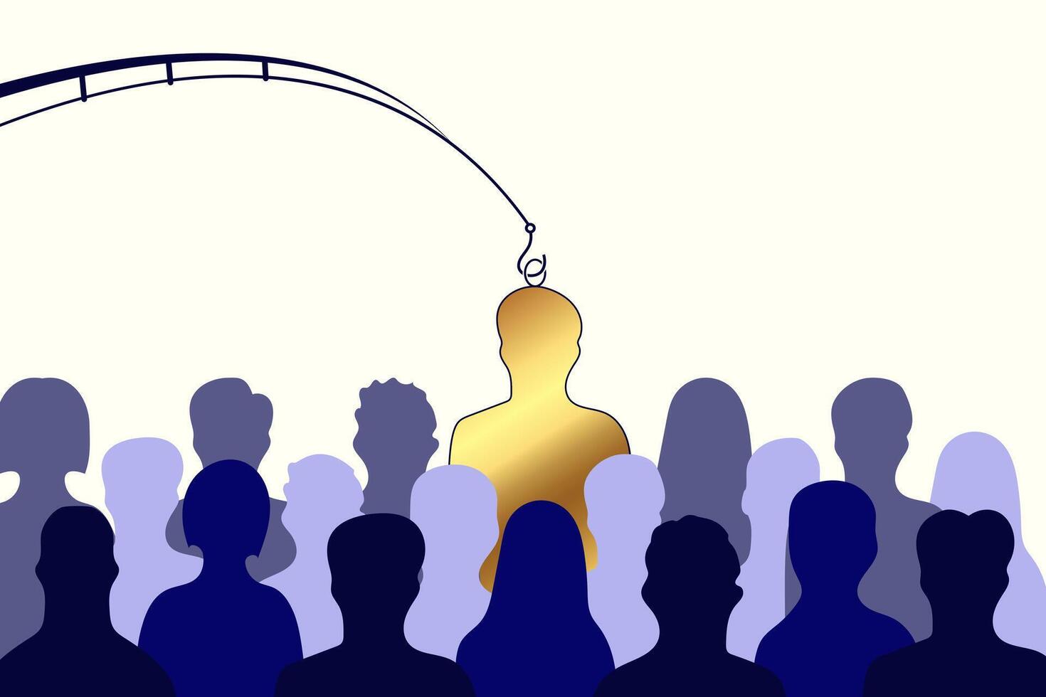 Stand out from the crowd, headhunting Concept, hr human resources, recruiting agency, stand out on human resource magnifying glass recruitment, outstanding winner candidate for job stock illustration vector