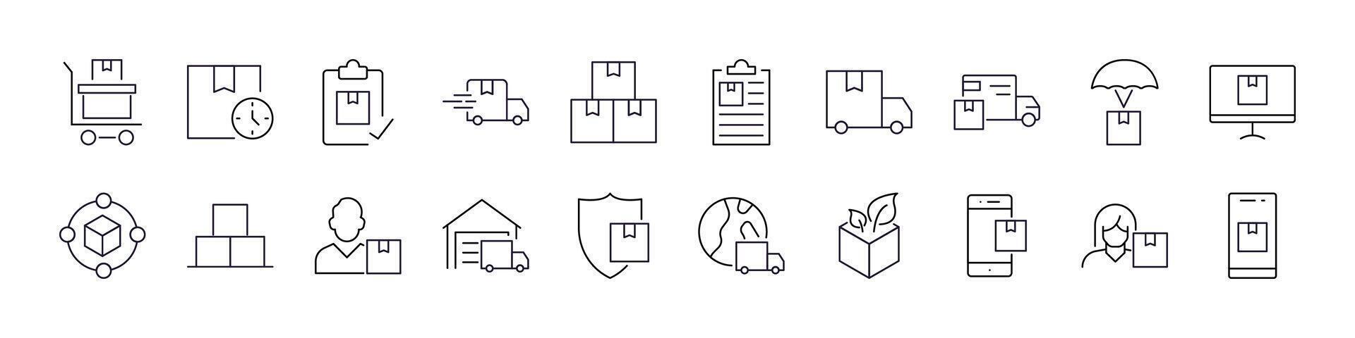 Pack of Delivery Related Line Icons. Truck, Box, Shipping Outline Signs for Graphic and Web Design, Apps, Adverts, Various Cards vector