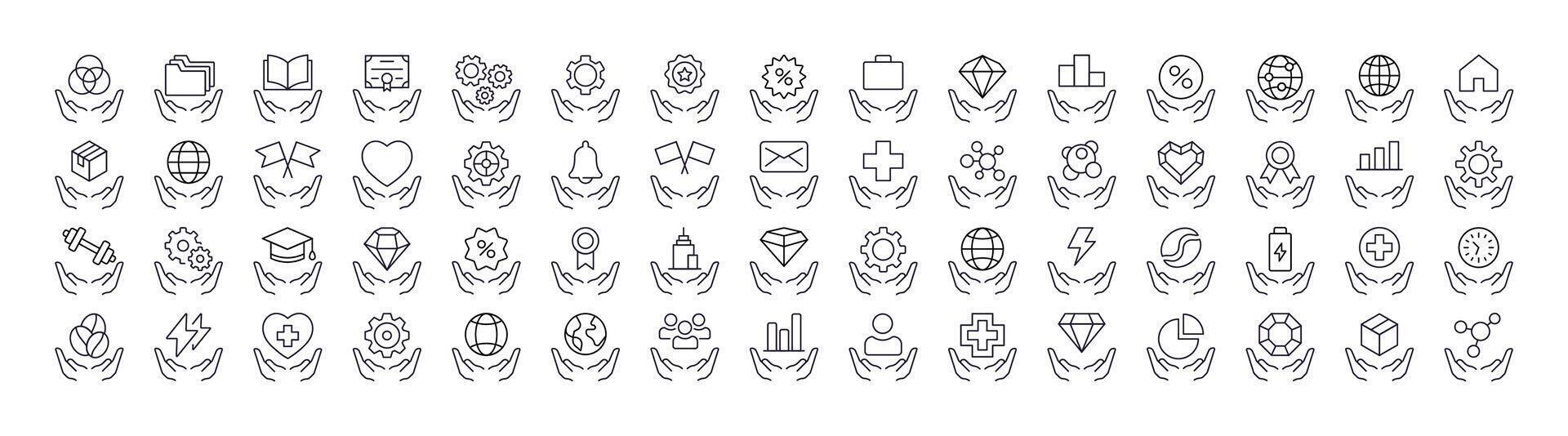 Time, Gem, Health etc over Open Hand Line Icon Pack. Outline Signs for Graphic and Web Design, Apps, Adverts, Various Cards vector