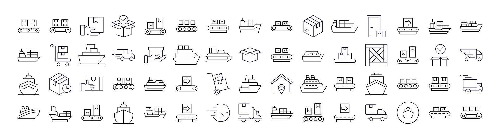 Delivery and Transportation Line Icon Collection. Outline Signs for Graphic and Web Design, Apps, Adverts, Various Cards vector