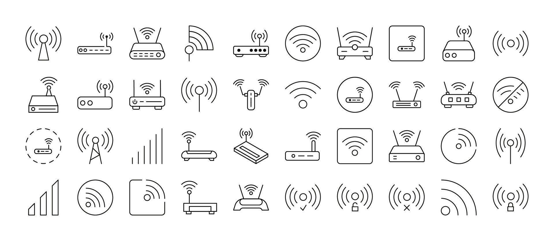 WiFi and Router Line Icon Pack. Outline Signs for Graphic and Web Design, Apps, Adverts, Various Cards vector