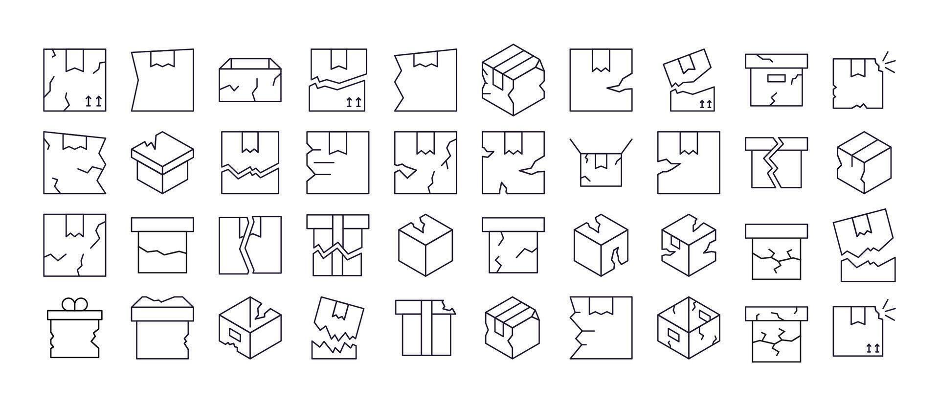 Broken Box Line Icon Set. Outline Signs for Graphic and Web Design, Apps, Adverts, Various Cards vector