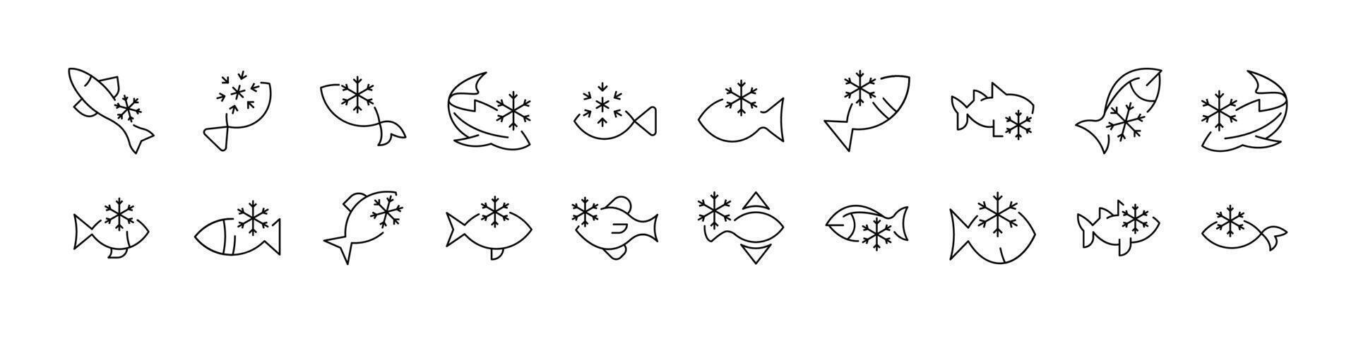 Frozen Fish Line Icon Bundle. Outline Signs for Graphic and Web Design, Apps, Adverts, Various Cards vector