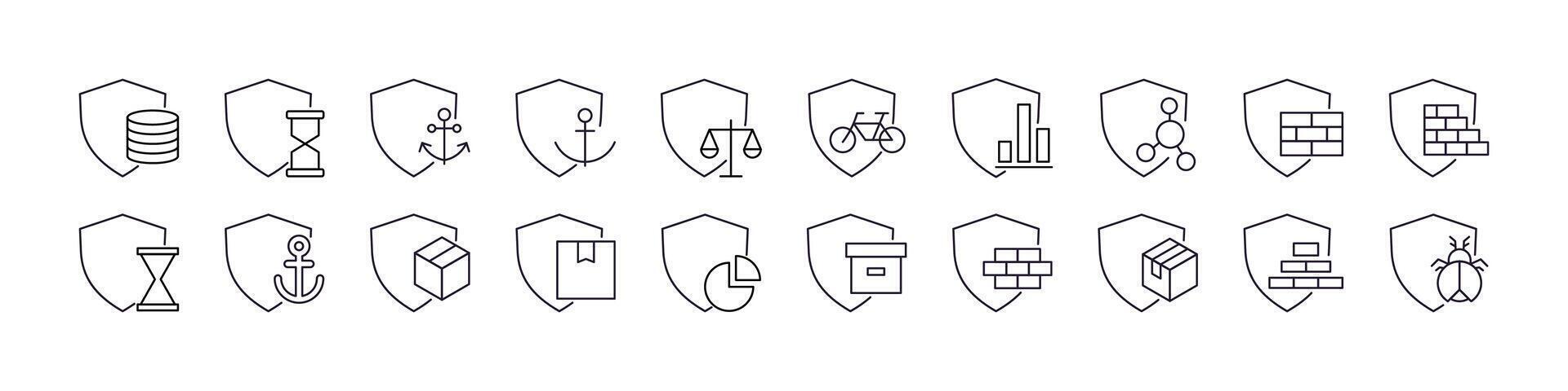 Box, Brick Wall, Anchor by Shield Modern Outline Style Icons for Design, Cards, Apps, Social Networks vector