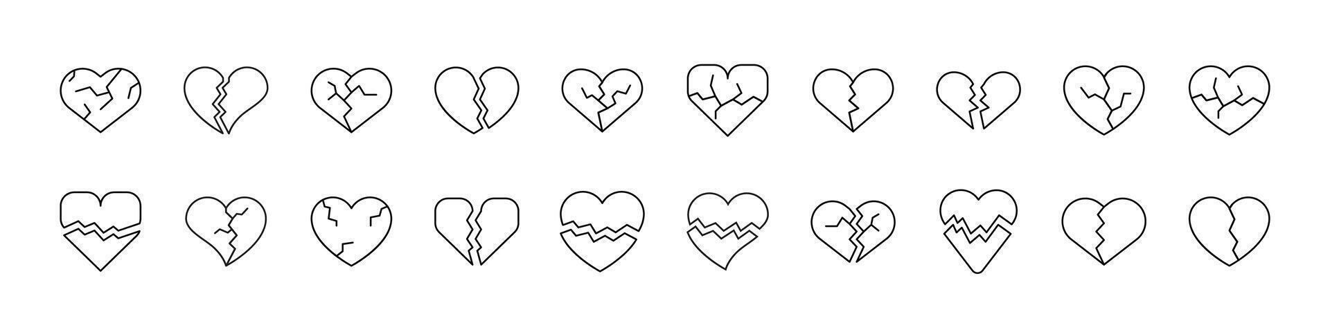 Broken Heart Line Icon Bundle. Outline Signs for Graphic and Web Design, Apps, Adverts, Various Cards vector