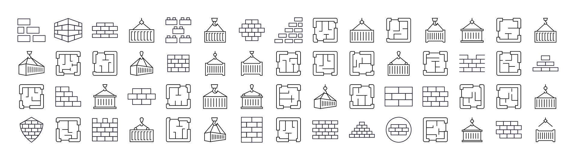 Brick Wall, Floor Plan, Building Line Icon Bundle. Outline Signs for Graphic and Web Design, Apps, Adverts, Various Cards vector