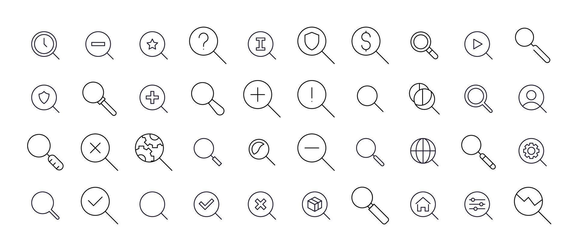 Magnifying Glass Line Icon Collection. Outline Signs for Graphic and Web Design, Apps, Adverts, Various Cards vector