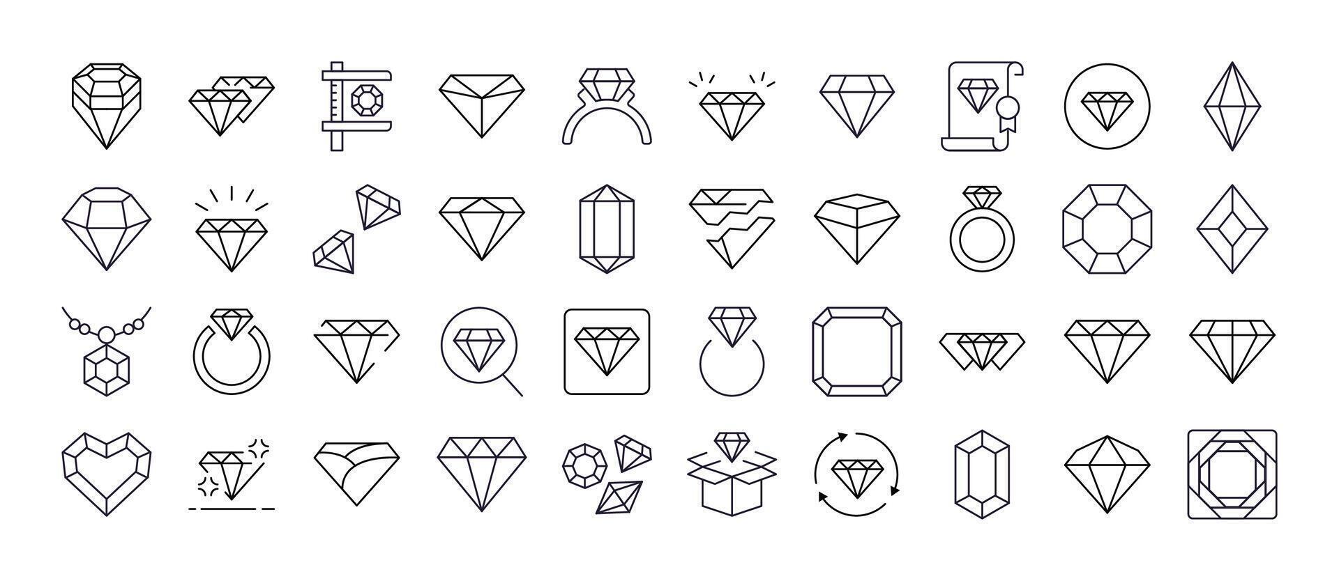 Set of Jewelry Related Line Icons. Diamond and Gem Outline Signs for Graphic and Web Design, Apps, Adverts, Various Cards vector