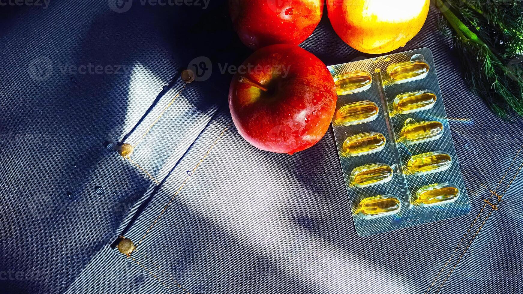 A vibrant background featuring fresh greens, apples, and various food supplements, healthy lifestyle. imagery inspires wellness, nutrition, and vitality, promoting the importance of balanced eating. photo