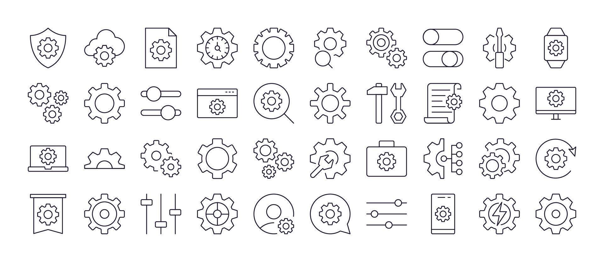 Cogwheel and Gear Simple Isolated Line Icons Collection. Editable Stroke. Perfect for Web Sites, Books, Cards, Apps vector