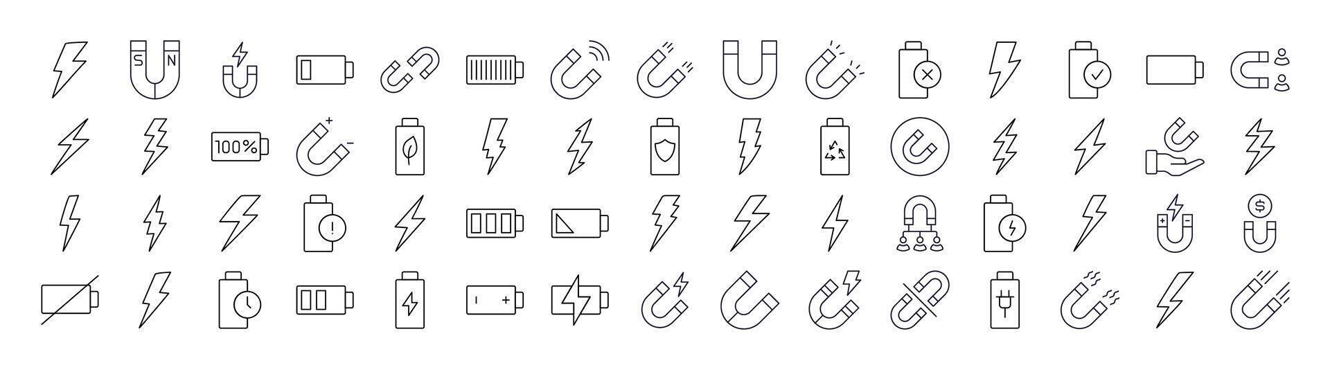 Bundle of Magnet, Battery, Lightning Related Line Icons. Outline Signs for Graphic and Web Design, Apps, Adverts, Various Cards vector