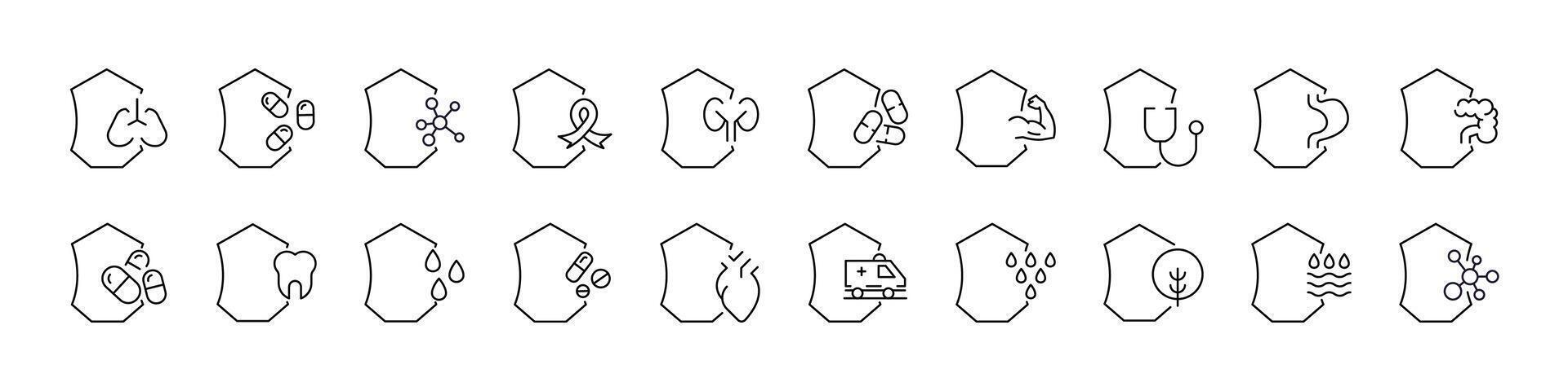 Health, Water, Tree Symbols Drawn with Thin Line. Collection of Various Design Elements that Can Be Used for Apps, Articles, Web Sites, Social Medi vector