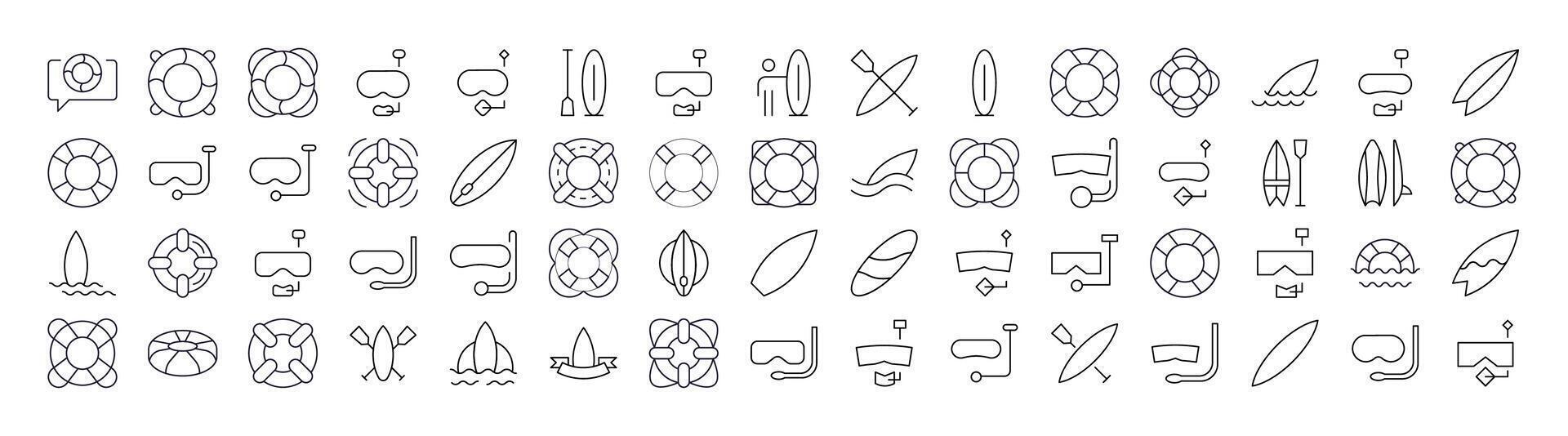 Bundle of Line Icons of Surfboard, Lifeline, Diving Mask. Minimalistic Linear Pictogram for Web and Graphic Design, Apps, Banners, Social Network and Cards vector