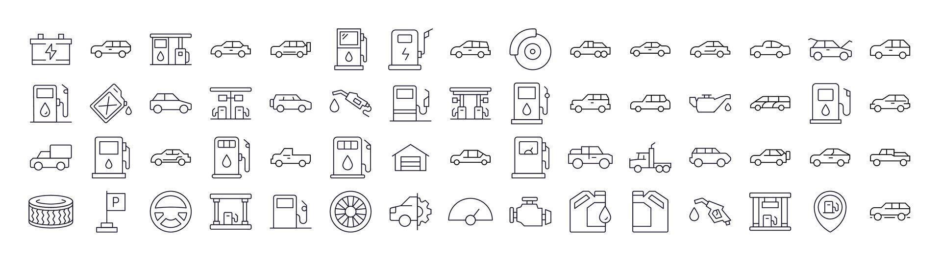 Car, Gas Station, Road Line Icon Set. Outline Signs for Graphic and Web Design, Apps, Adverts, Various Cards vector