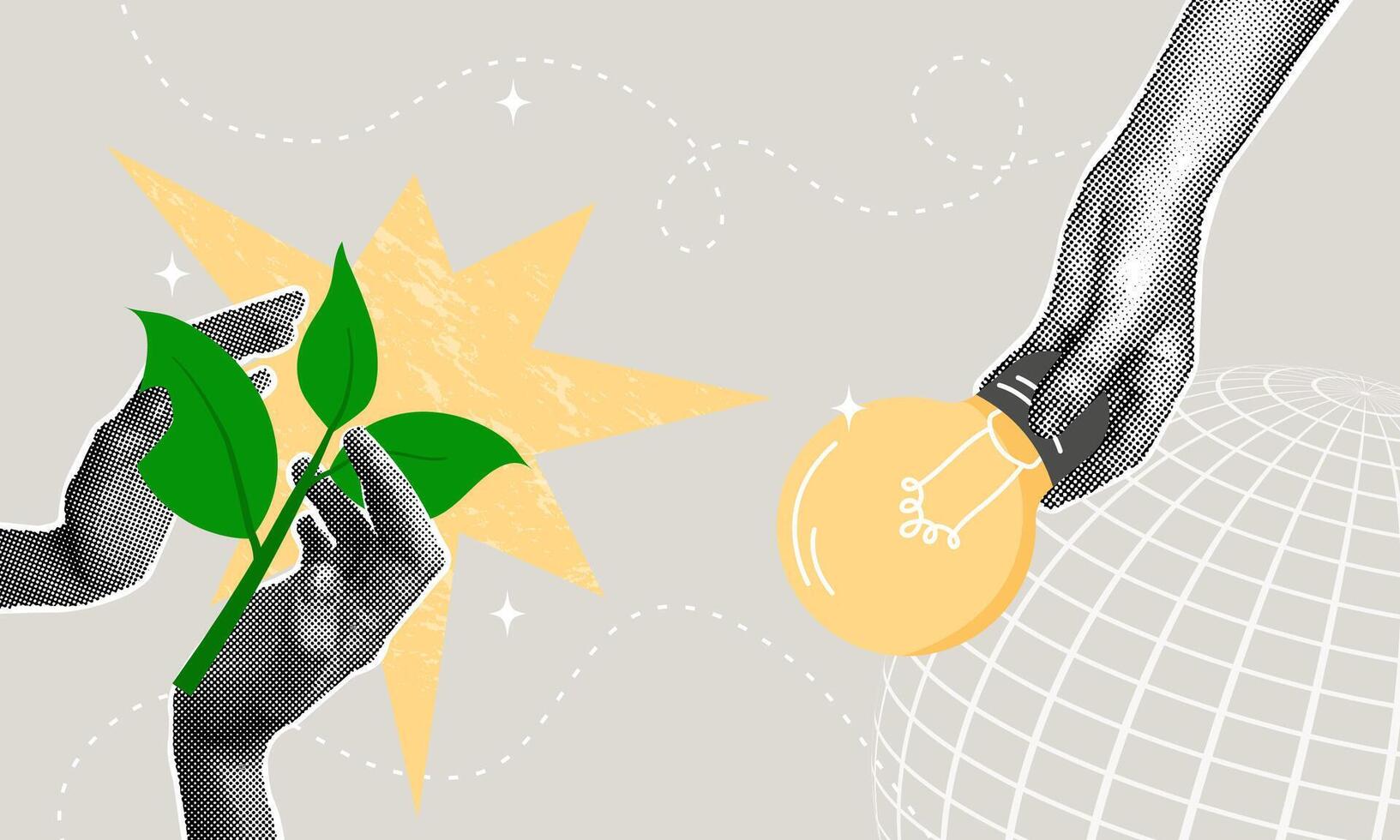 Trendy halftone collage. Green sprout in caring hands. Concept of caring for our planet, Green energy, sprout, innovation. vector
