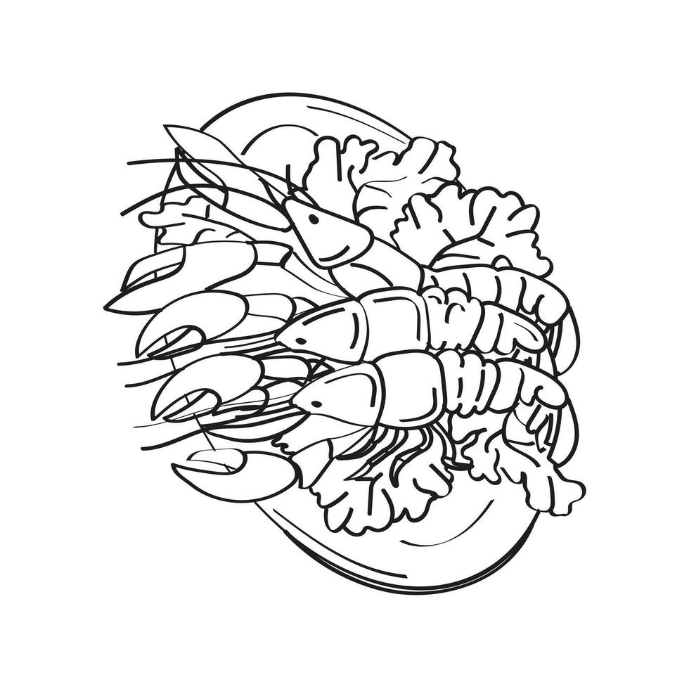 Sketch illustration of lobster dish with salad leaves. Line drawing. Elegant vintage template with hand drawn lobsters on a plate decorated with salad leaves vector
