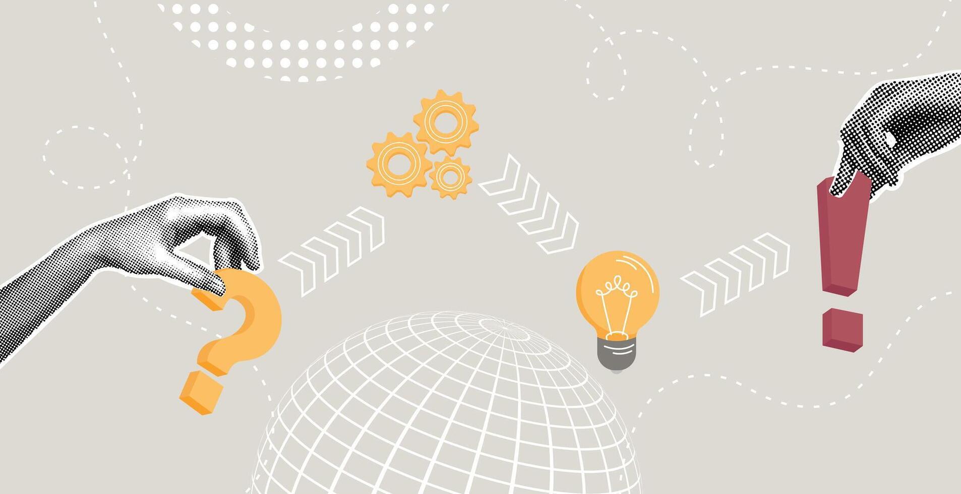 Trendy halftone collage. Global problem solving. Problem solving concept, analysis for solution and success, solution process, creative thinking for solution. illustration vector