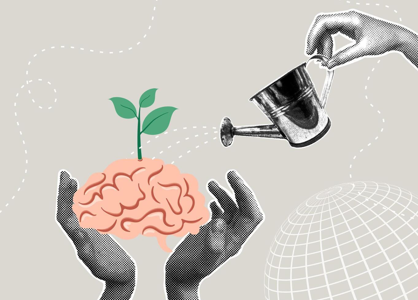 Trendy halftone collage. Brain development - concept of growth, learning and development. The concept of learning, self development, positive attitude towards learning new things vector