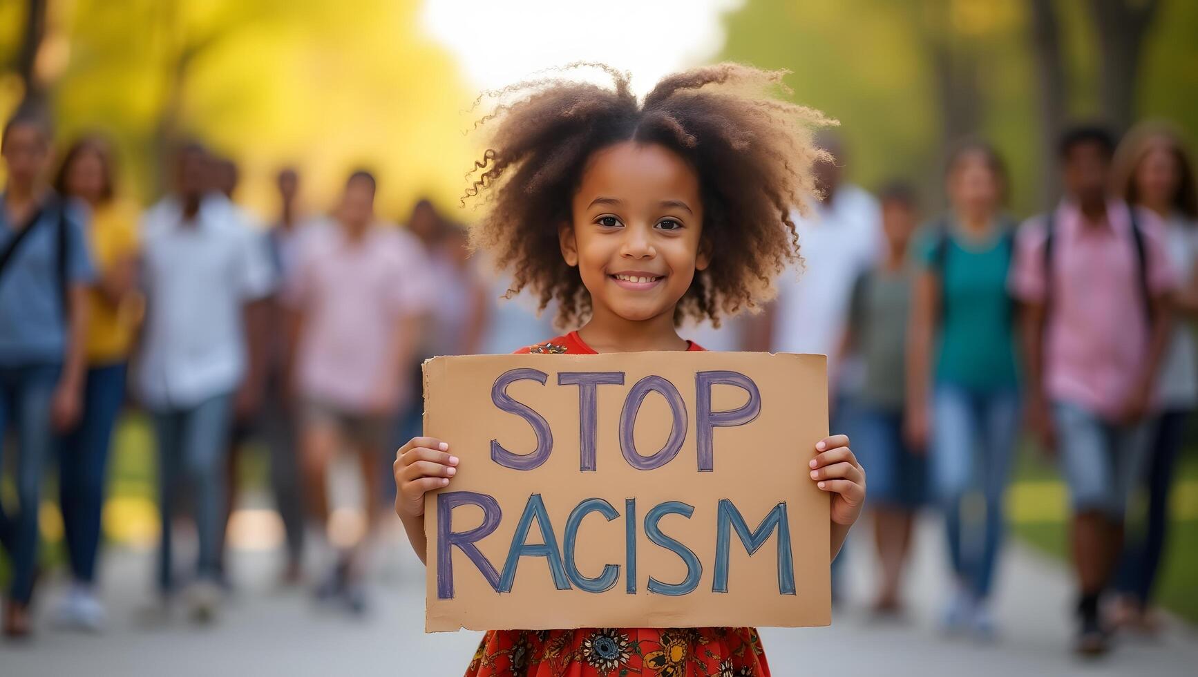 Smiling Child Holding Stop Racism Sign at Peaceful Protest Outdoors photo
