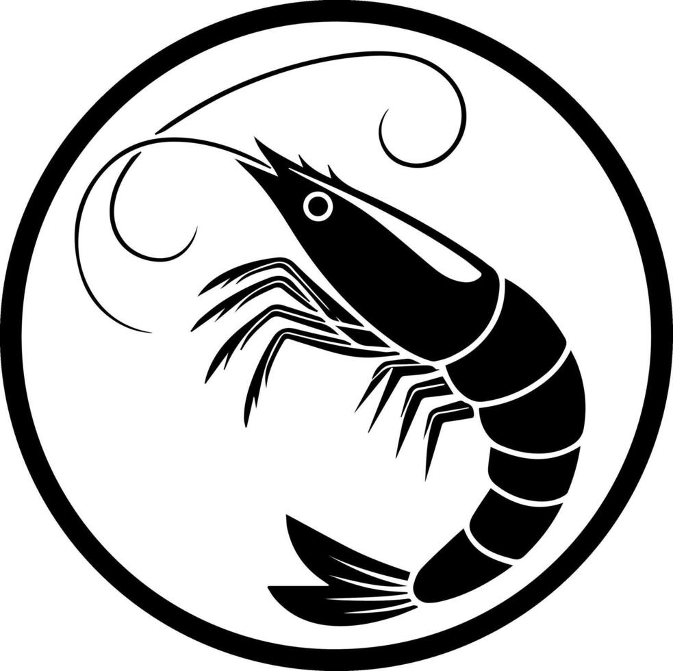 An illustration featuring a black shrimp silhouette set against a clean white background. vector