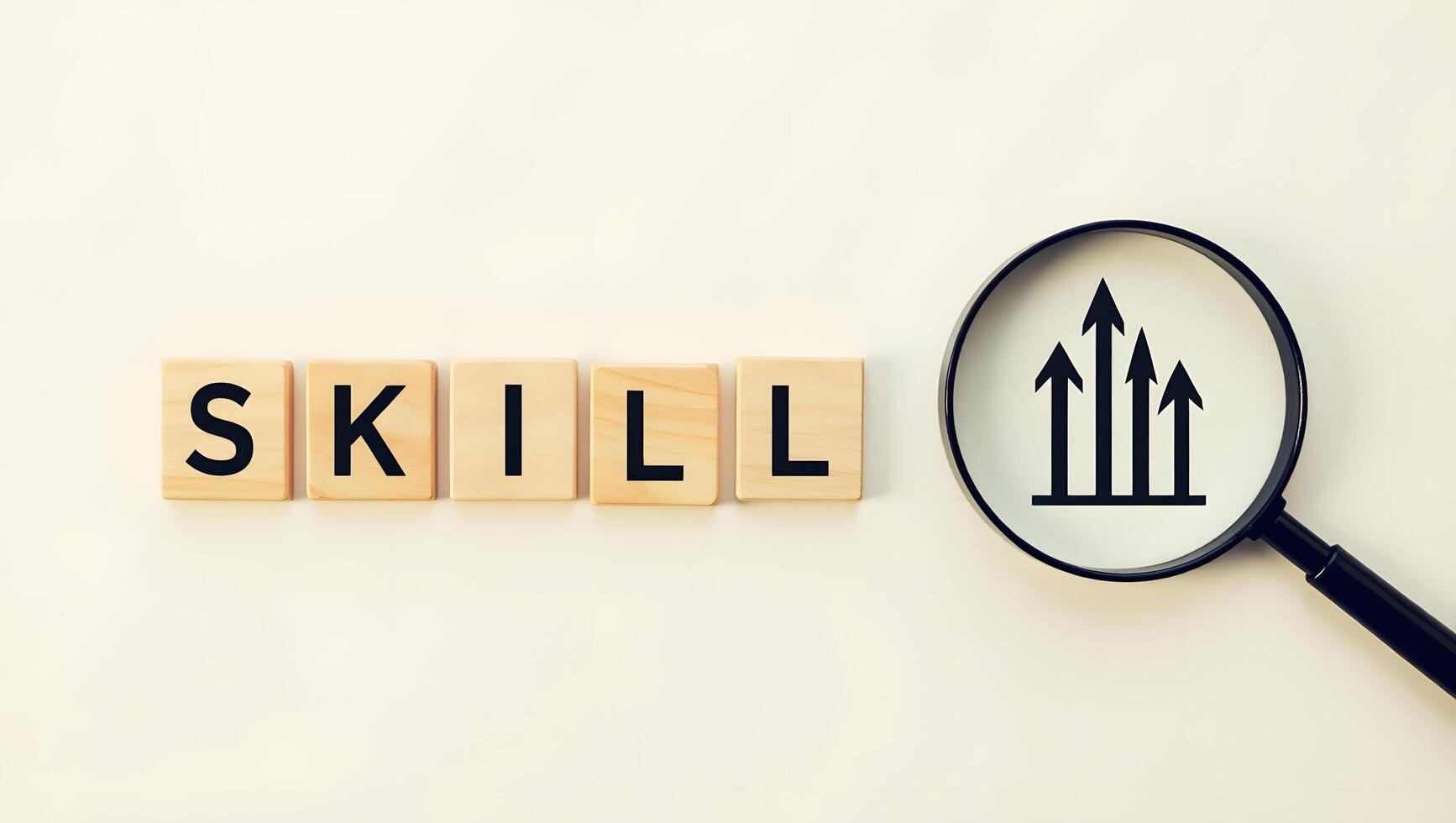 Skill Development Concept with Wooden Blocks and Growth Symbol Under Magnifying Glass photo