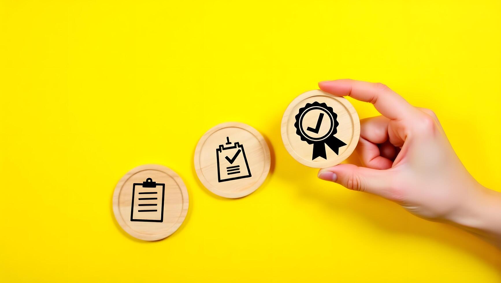 Quality Assurance and Certification Concept with Wooden Icons on Yellow Background photo