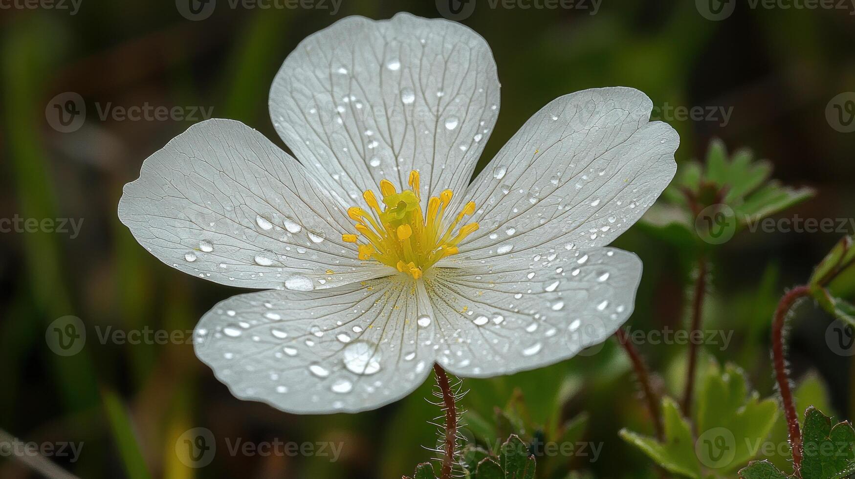 Close-up of a delicate, white flower with water droplets, vibrant yellow center, and intricate veins. photo