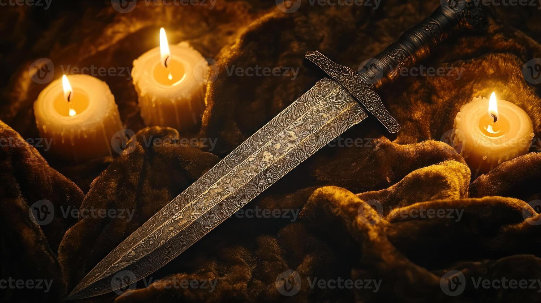 Antique sword on velvet cloth with candles photo