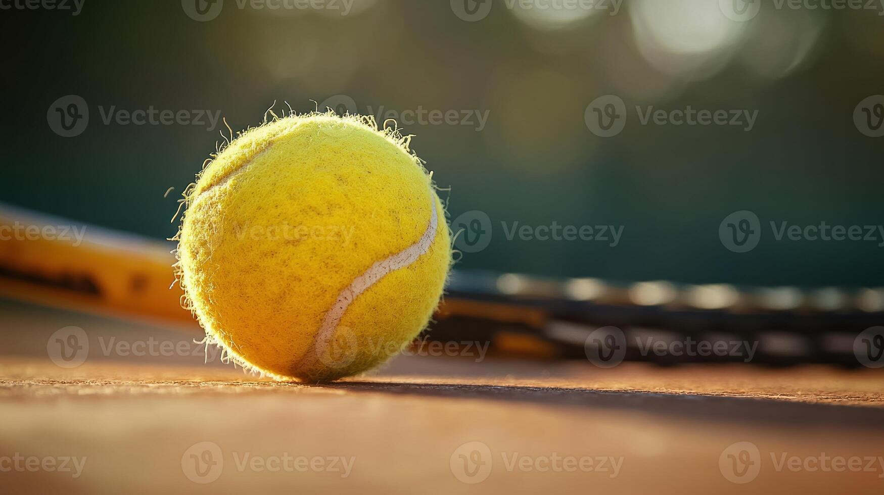 Tennis ball on court at sunset with racket photo