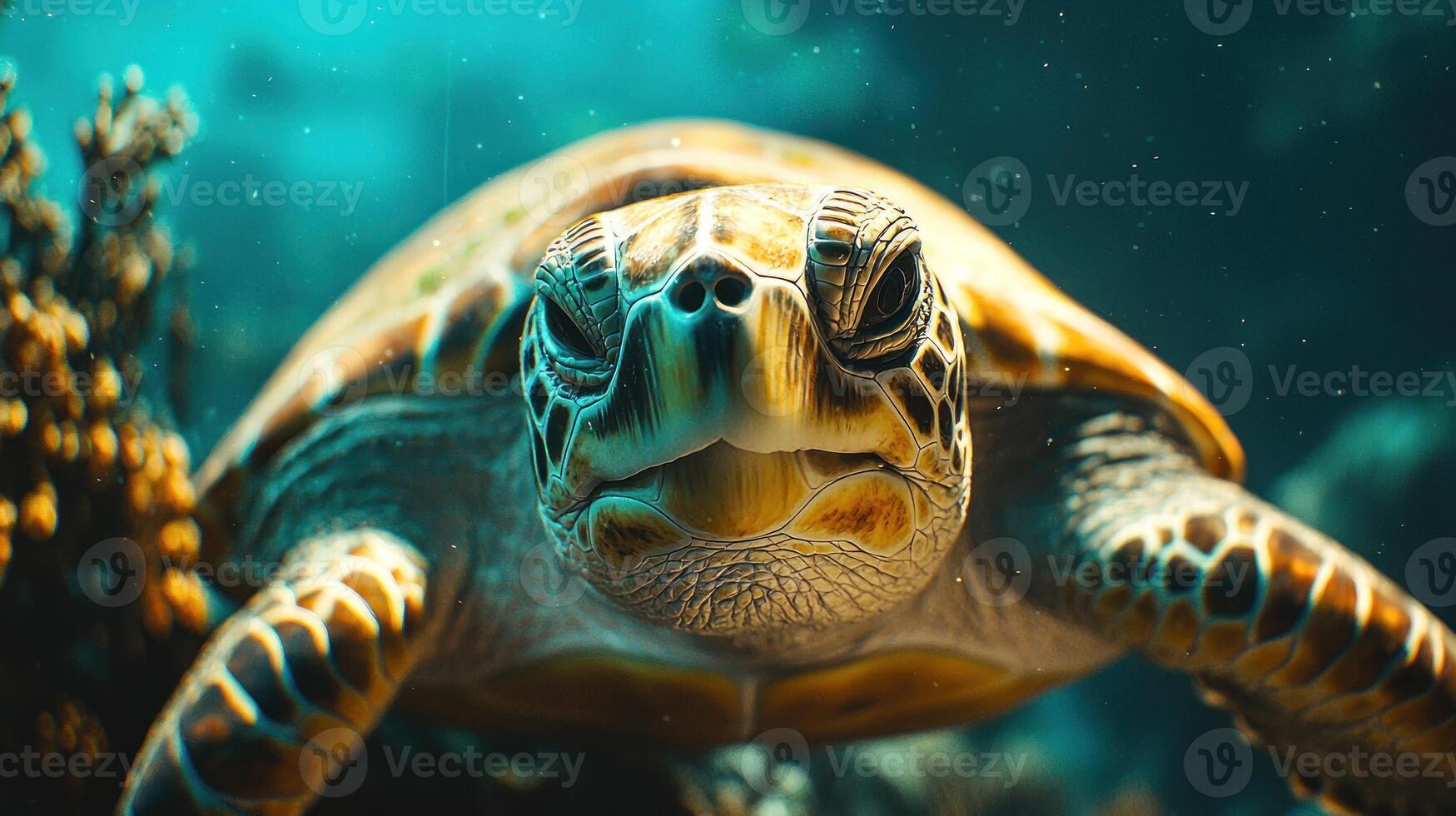 Underwater Sea Turtle Close-up, Coral Reef Background photo