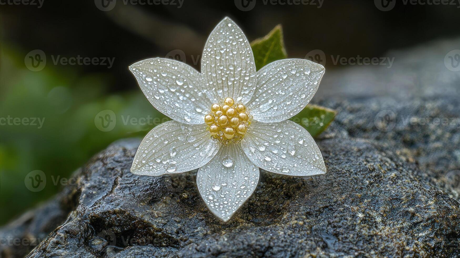 Delicate white flower with water droplets resting on dark stone. photo