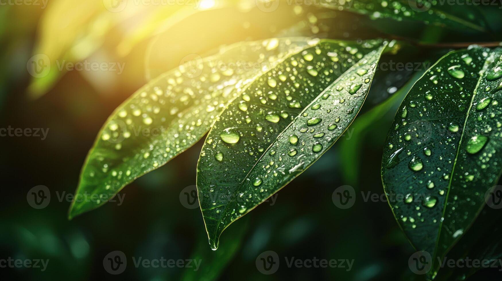 Dewy leaves bathed in sunlight, lush forest background. Nature photography photo