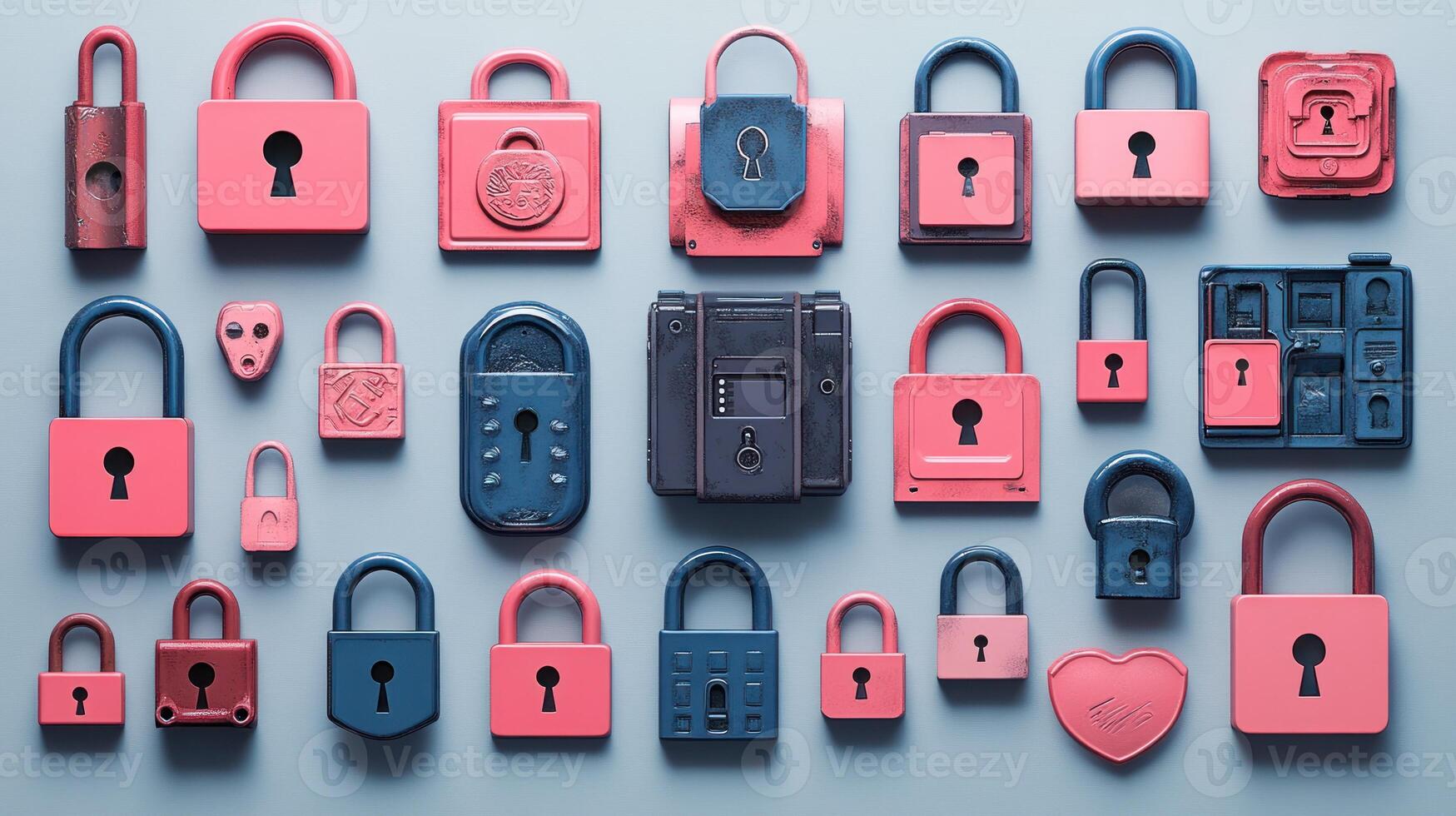 Assorted Padlocks, Flat Lay, on Light Blue Background, Digital Security Concept photo
