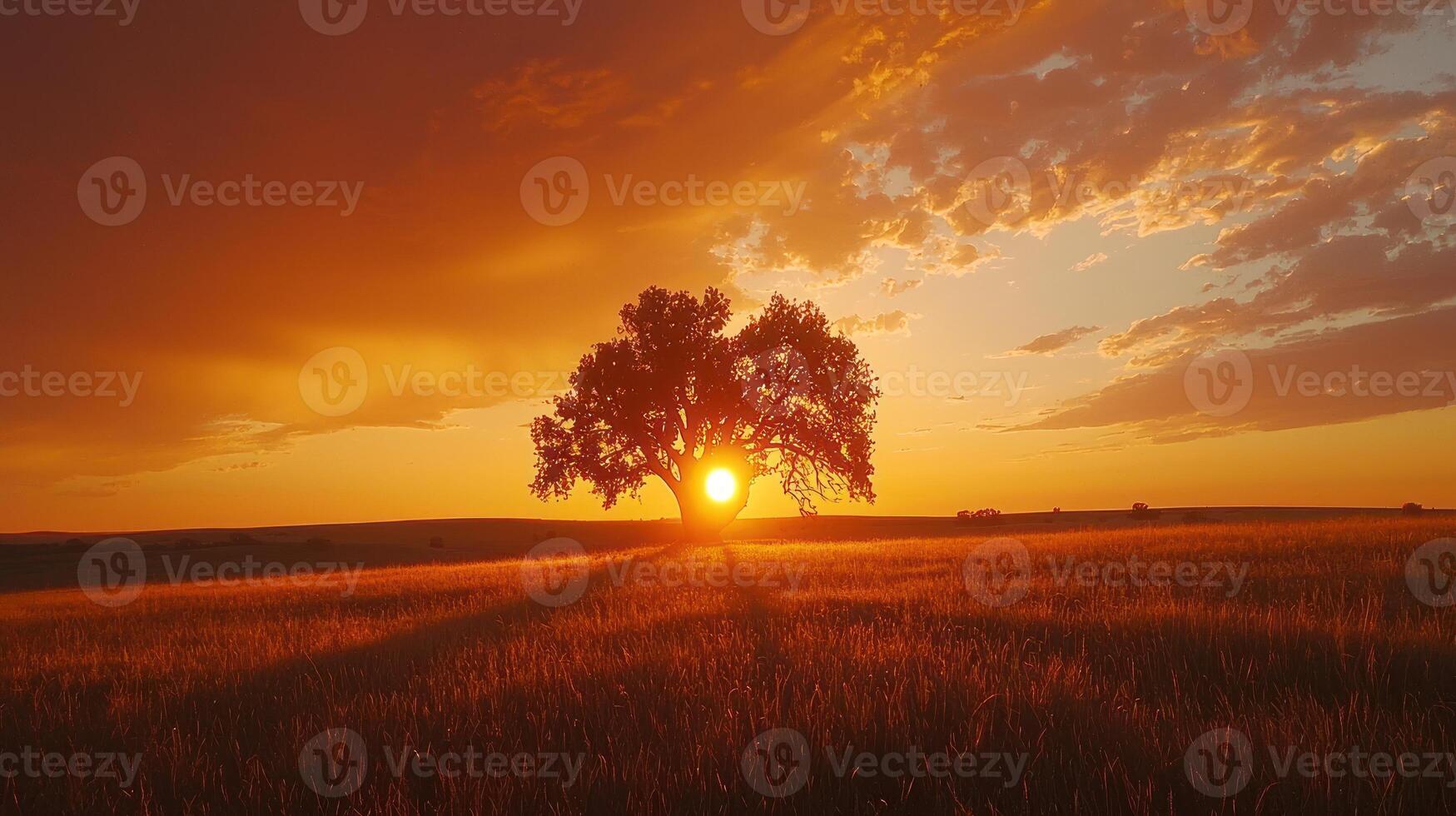 Single tree silhouetted against a vibrant sunset over a golden field. photo