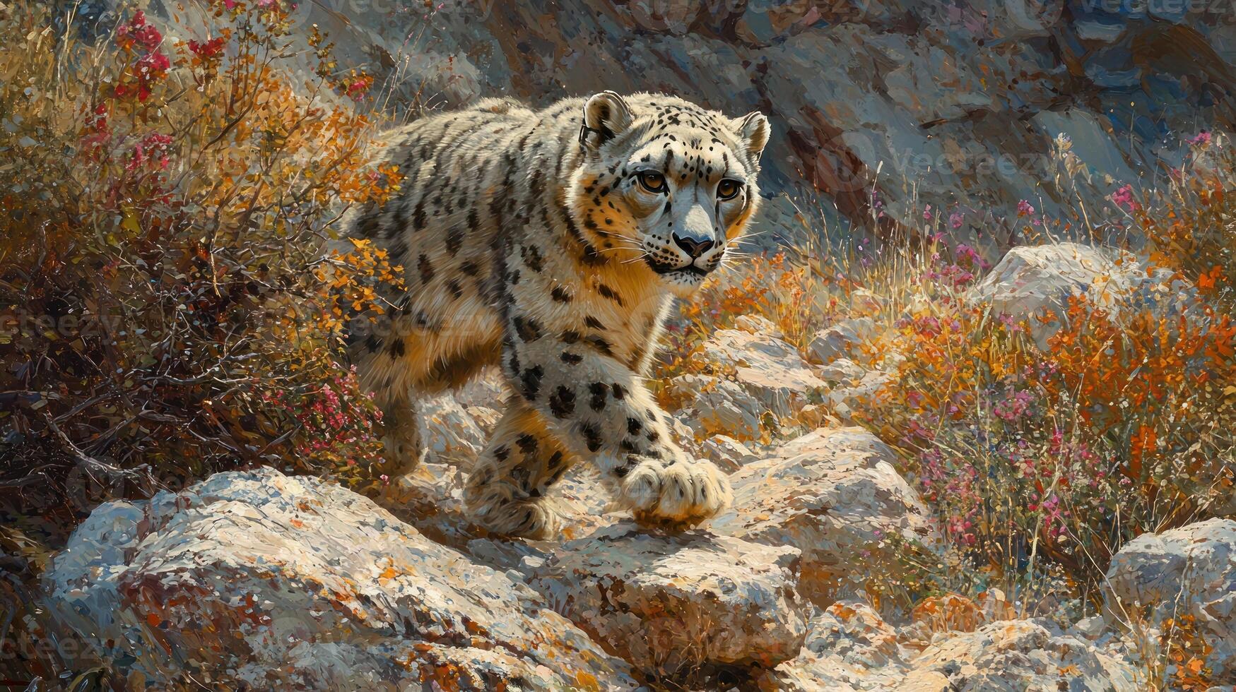 Snow Leopard Walking Mountainside Autumn Colors photo