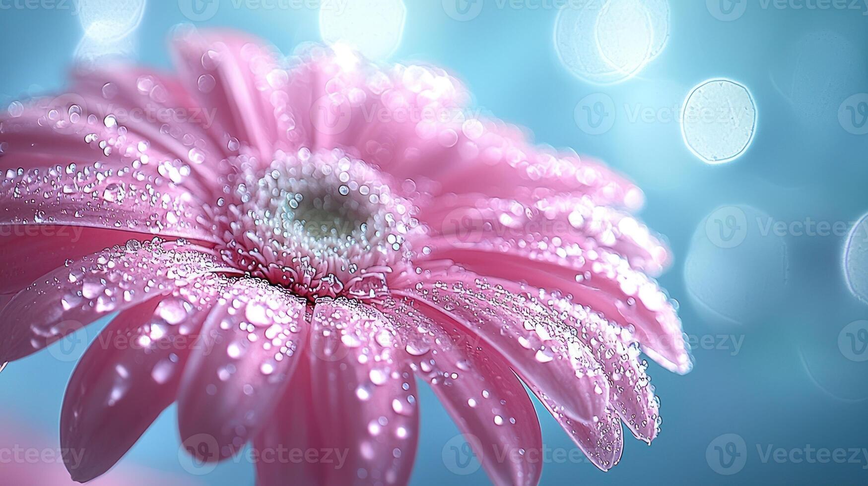 Close-up of a delicate pink gerbera daisy covered in water droplets, soft focus bokeh background. photo