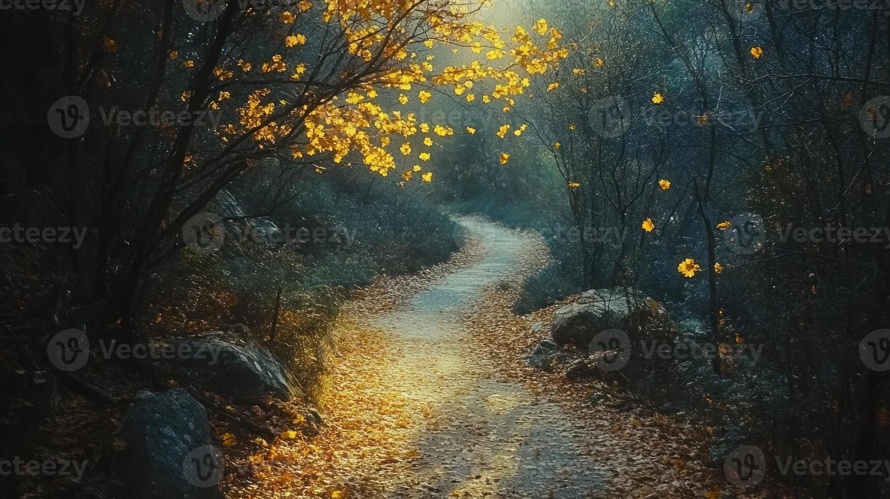 A winding pathway through a mystical autumn forest, illuminated by golden sunlight filtering through the leaves. Fallen autumn leaves carpet the path, creating a serene and enchanted atmosphere. photo