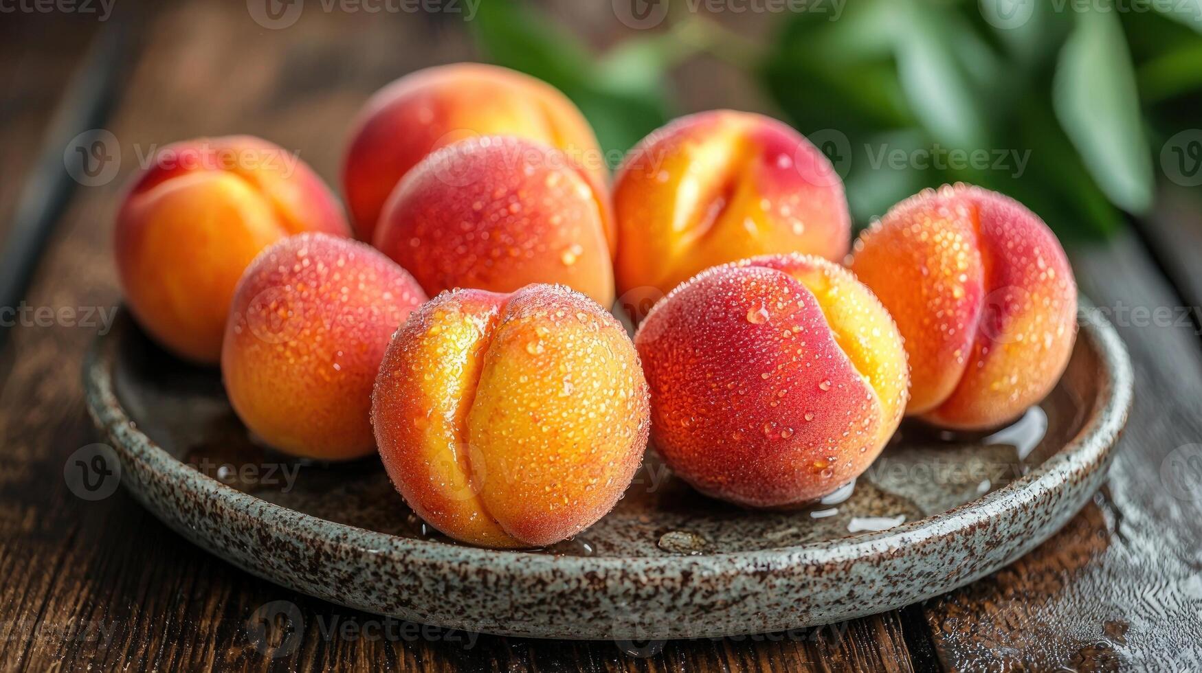 Fresh Peaches on Plate, Wooden Table, Dewy, Healthy Food photo