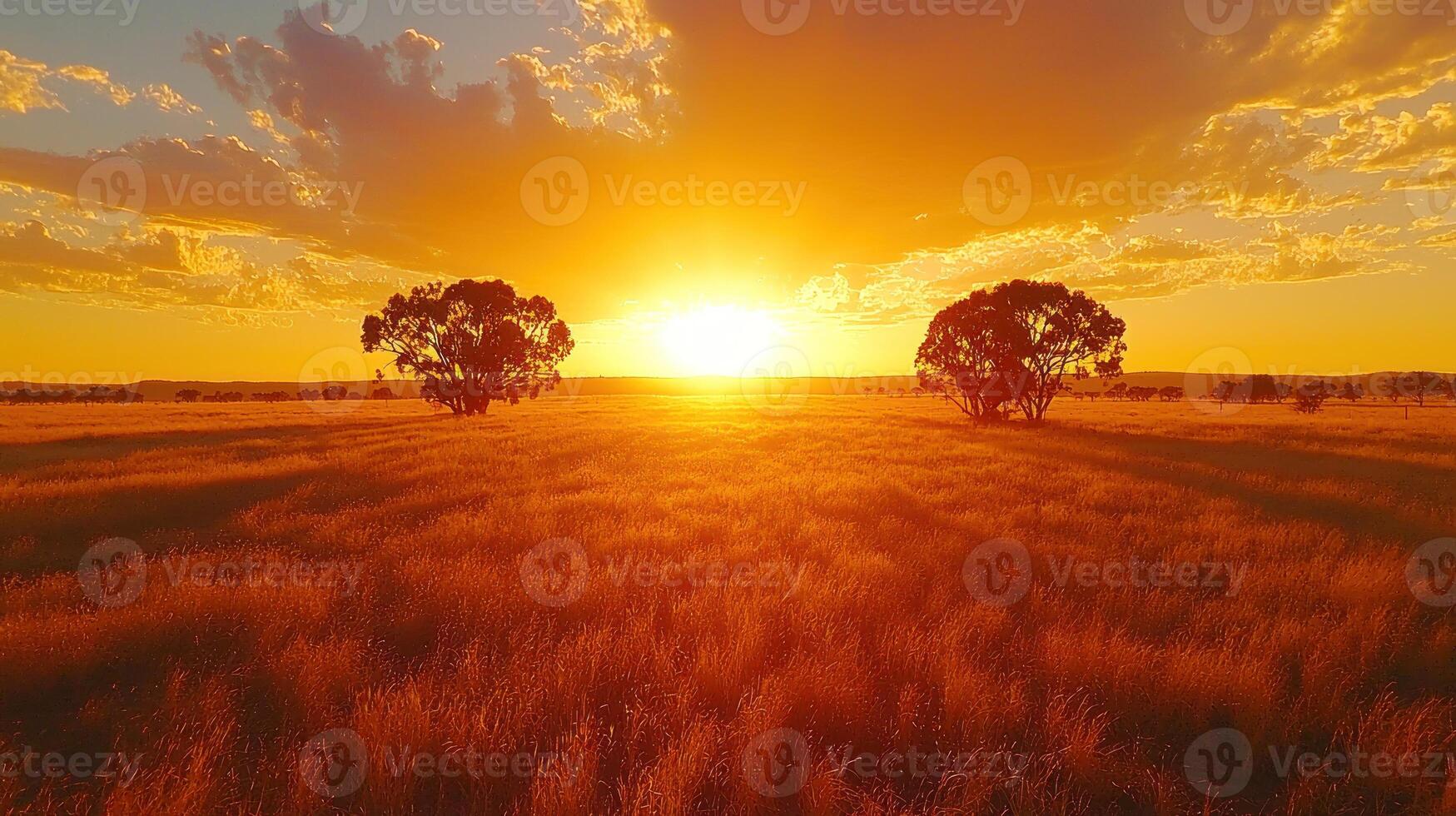 Golden sunset over a vast grassy plain with silhouetted trees. photo