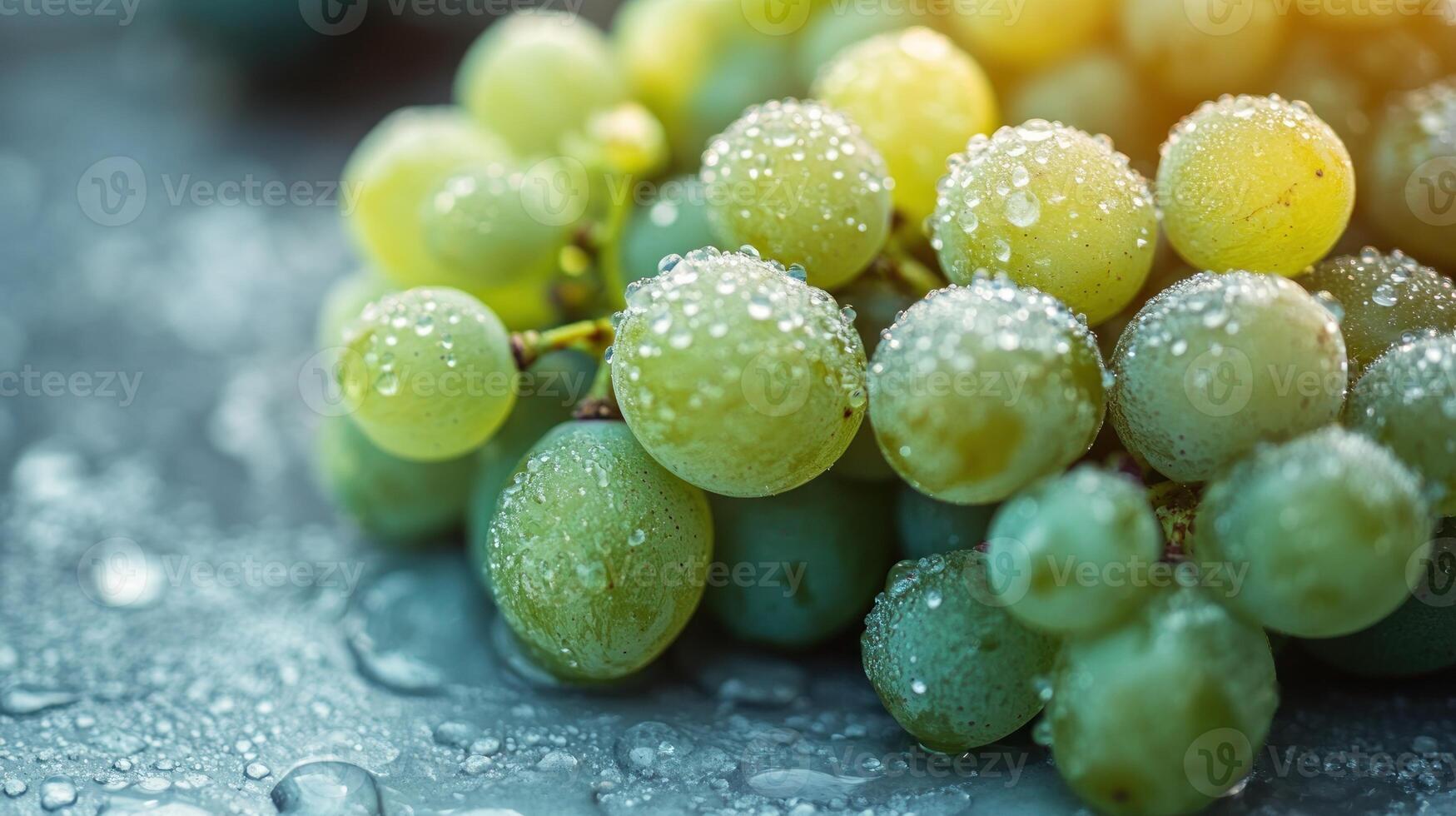 Fresh green grapes covered in water droplets on a dark surface. photo